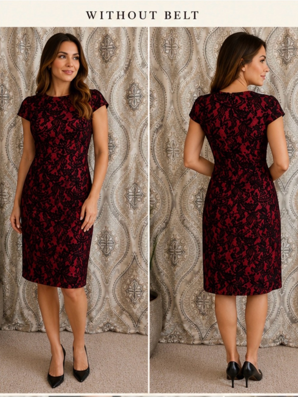Alyx Petite Red & Black Lace Sheath Dress with Belt | Size 4P - Picture 3 of 11